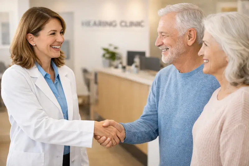 Audiologist welcoming patients at a hearing clinic