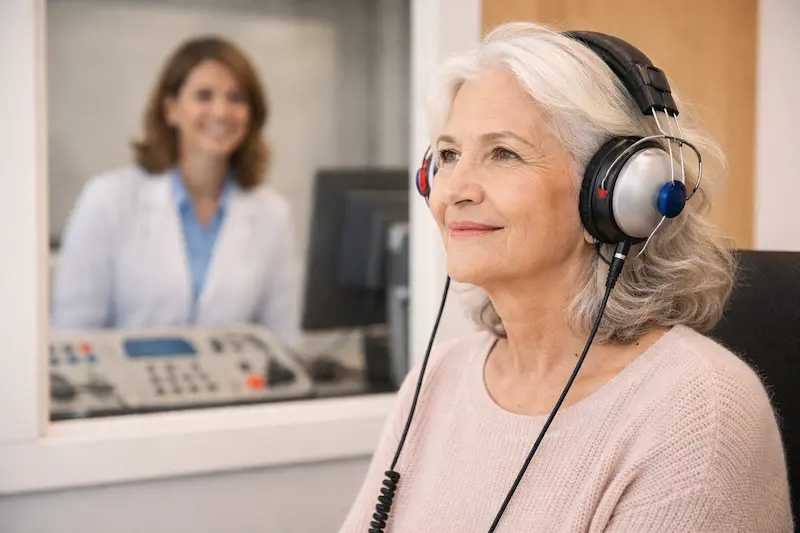 Woman wearing headphones during a hearing test
